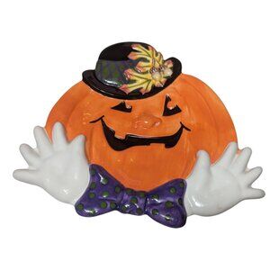 Fitz and Floyd Derby Pumpkin Halloween Jack-O-Lantern Plate white glove 9x8